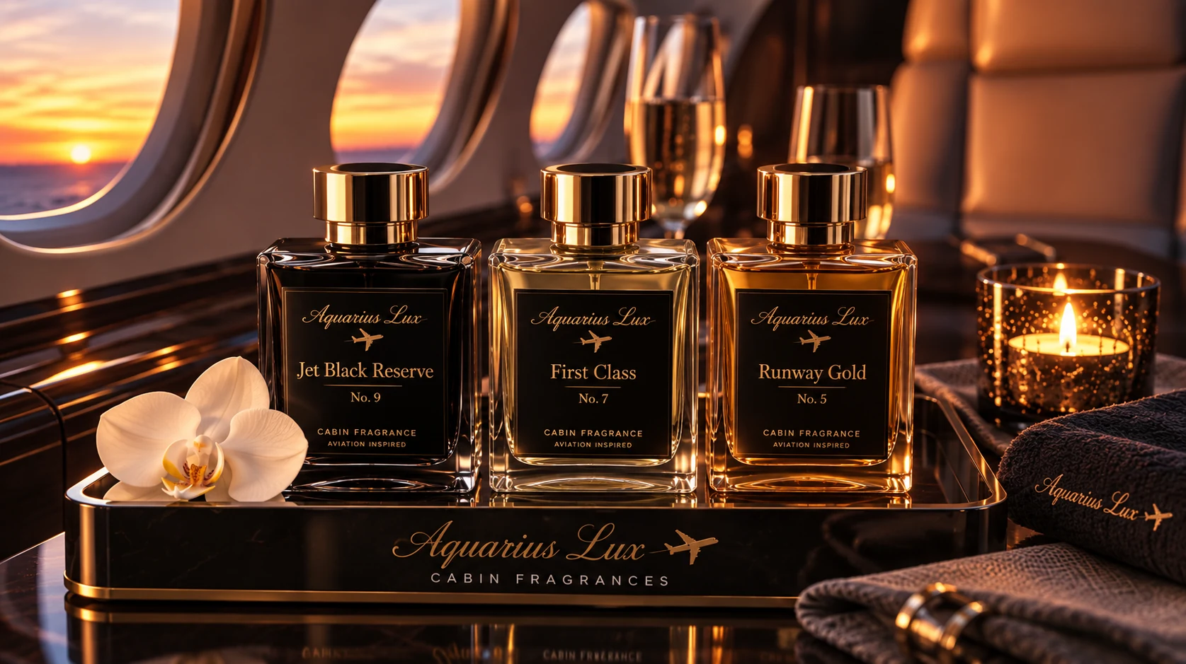 Aquarius Lux signature cabin fragrances: Jet Black Reserve No. 9, First Class No. 7, and Runway Gold No. 5, presented on a tray in an aircraft cabin