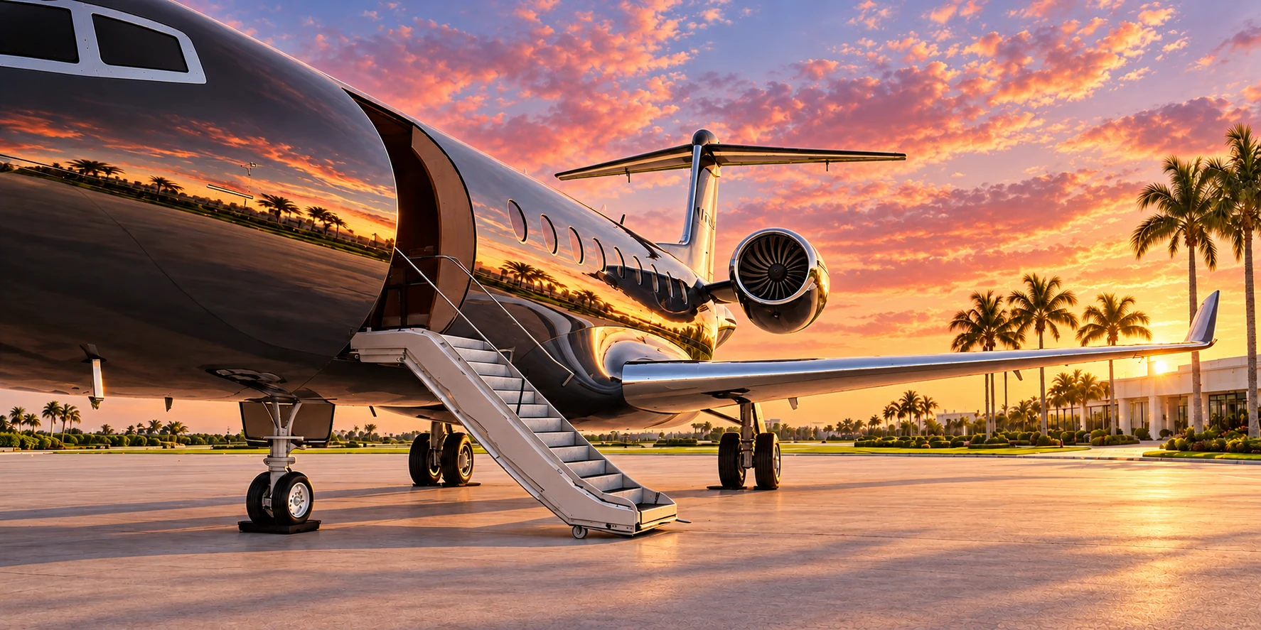 Polished private aircraft reflecting a South Florida sunset on a palm-lined ramp
